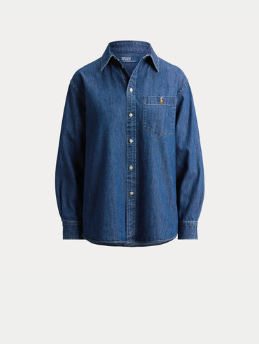 Denim-Kittel mit Brusttasche in Indigo Blau