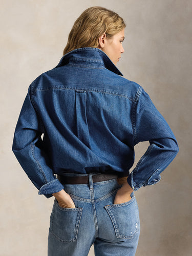 Denim-Kittel mit Brusttasche in Indigo Blau