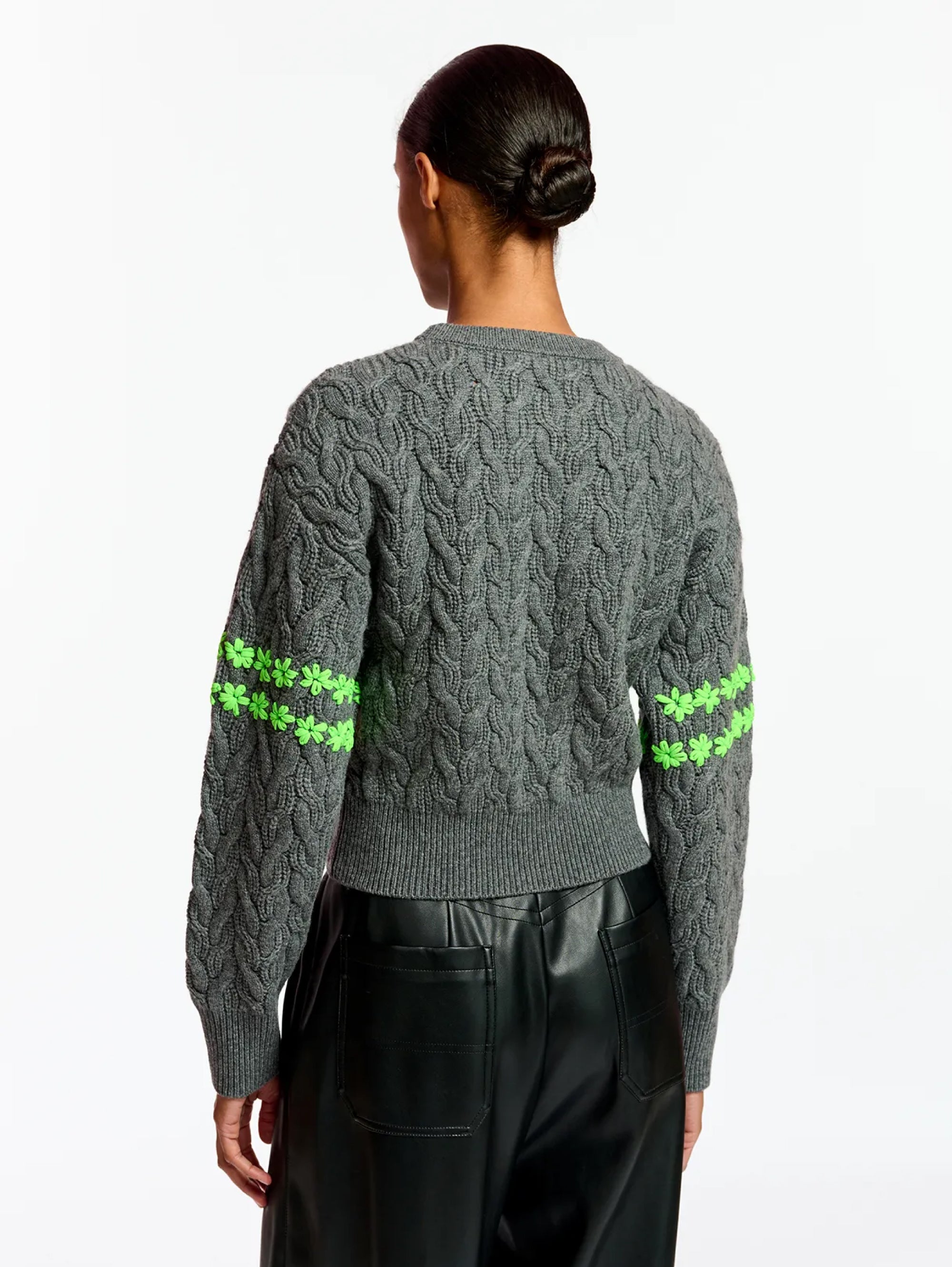 Cable Sweater with Gray Floral Embroidery