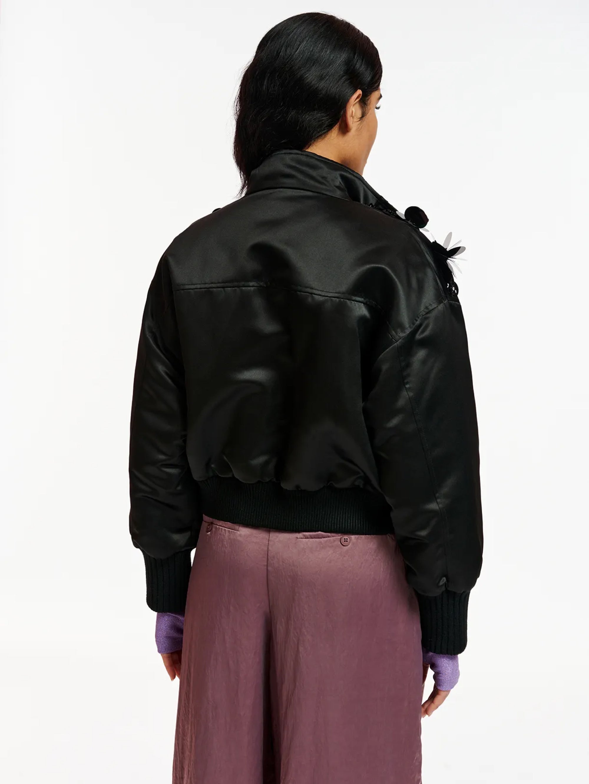 Satin bomber jacket with black sequins and rhinestones