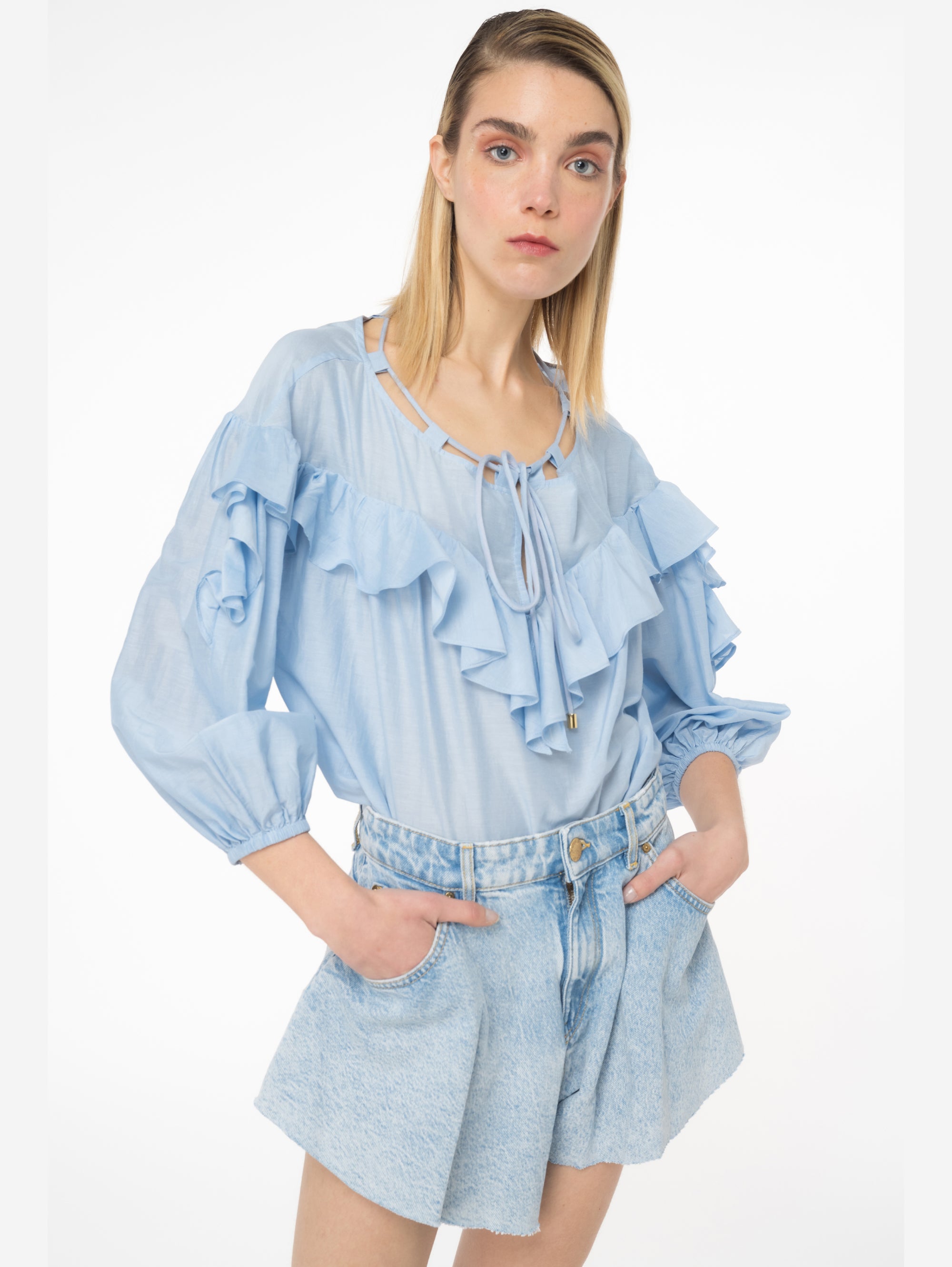 PINKO-Shorts Butterfly in Denim Calma Blu-TRYME Shop