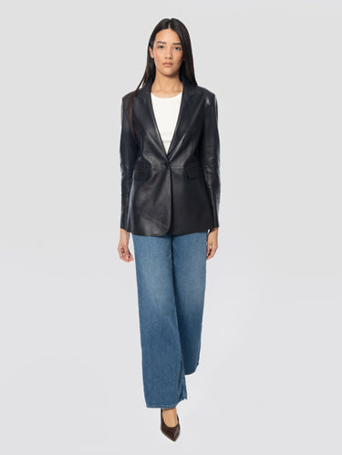 Single-Button Leather Blazer Blue