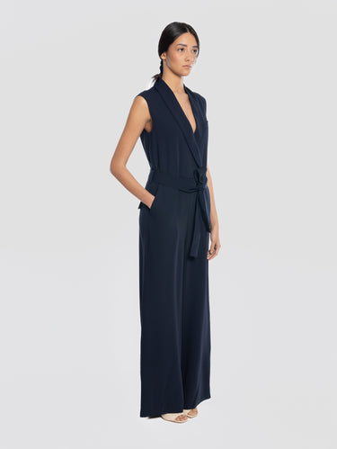 Blue Cady Jumpsuit with Draped Collar