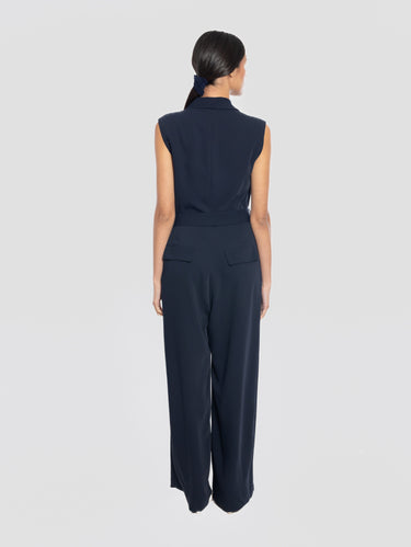 Blue Cady Jumpsuit with Draped Collar