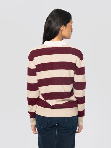 Maglia Polo a Righe Misto Lana Beige/Bordeaux