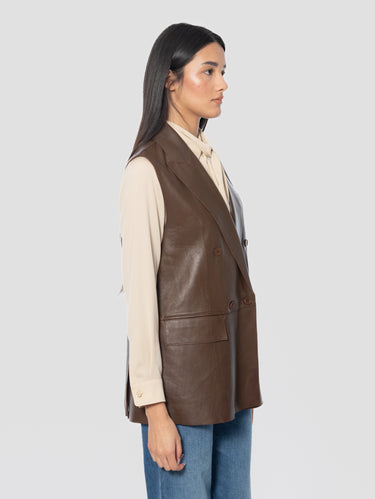 Double-Breasted Leather Vest Brown