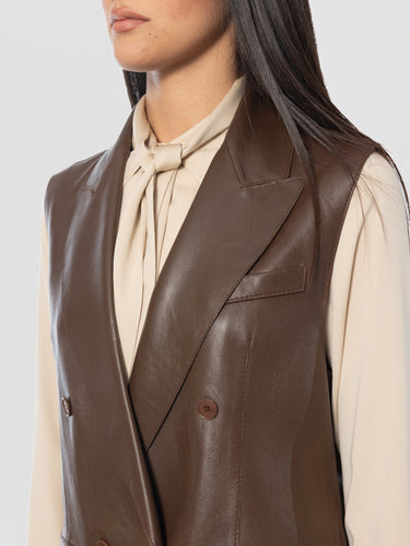 Double-Breasted Leather Vest Brown
