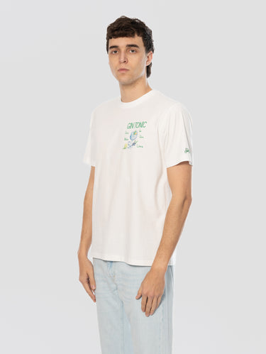 White T-Shirt with Gin Tonic Recipe Embroidery