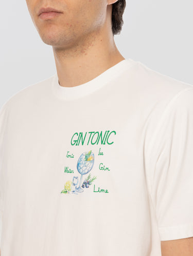 White T-Shirt with Gin Tonic Recipe Embroidery