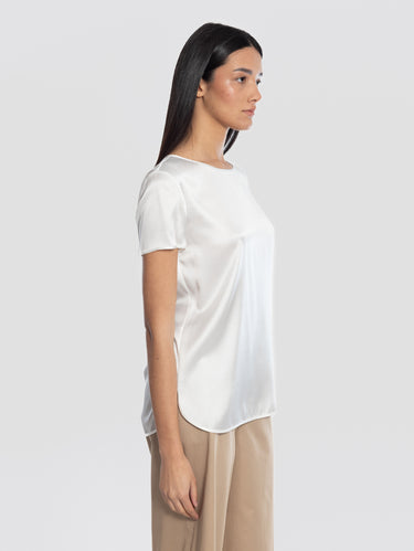 Rundhals-Bluse aus Stretch-Seide Weiß