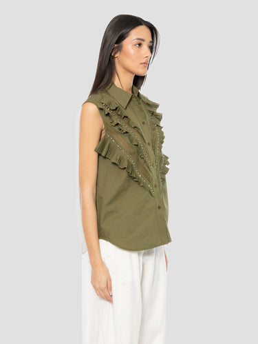 Camicia Senza Mianiche con Pizzo e Volant Verde Oliva