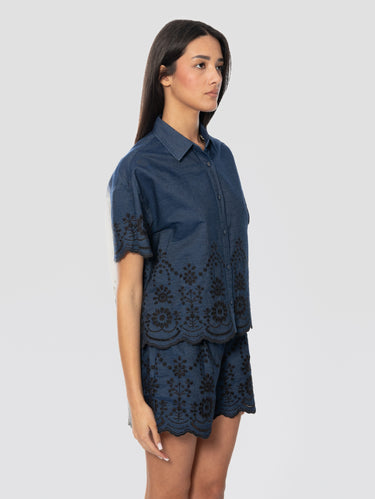 Chambray Denim Shirt with Blue Embroidery