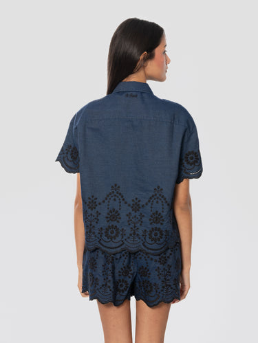 Chambray Denim Shirt with Blue Embroidery