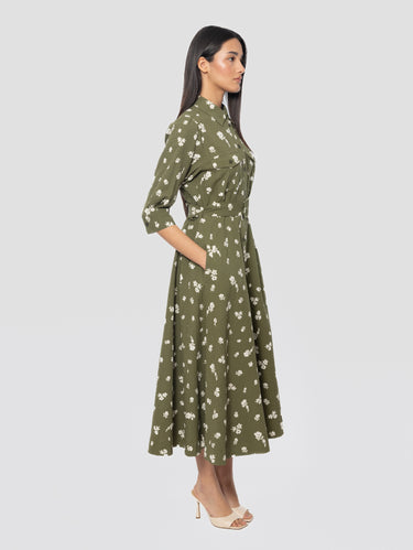 Floral Print Shirt Dress Green