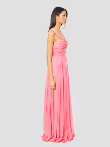Abito Lungo in Chiffon con Corpetto Plissé Rosa