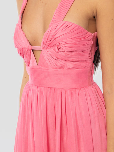 Abito Lungo in Chiffon con Corpetto Plissé Rosa