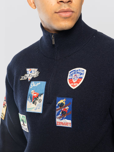 Maglione Mezza Zip in Lana Patch Ski Blu
