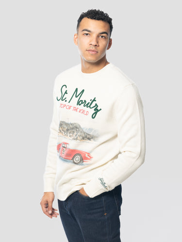 Maglione in Misto Cashmere con Ricamo St. Moritz top of the World Bianco