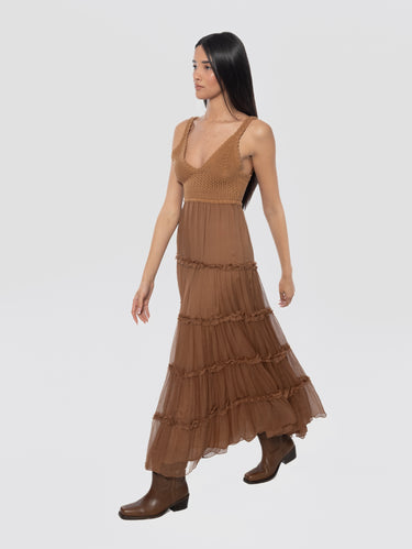 Midi Jurk van Chiffon met Gehaakt Korset Bruin