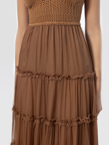 Midi Jurk van Chiffon met Gehaakt Korset Bruin