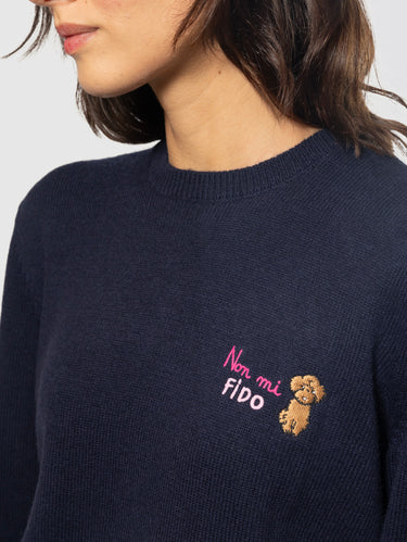 Maglione Girocollo in Misto Lana con Ricamo Non Mi Fido Blu