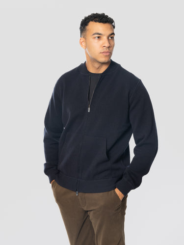 Cardigan zippé en laine et cachemire bleu