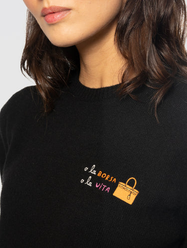 Maglione Girocollo in Misto Lana con Ricamo O la Borsa o la Vita Nero