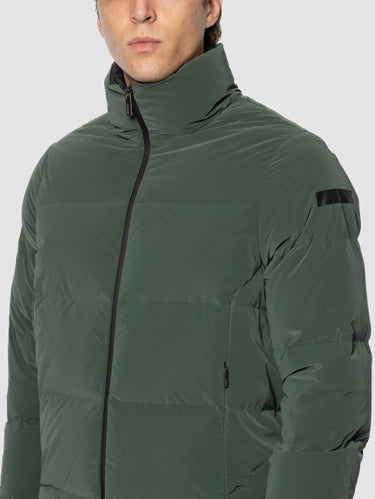 Military Green Mid-Length Down Jacket with Iridescent Effect