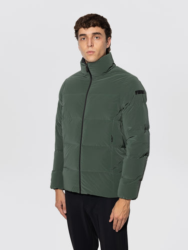 Military Green Mid-Length Down Jacket with Iridescent Effect