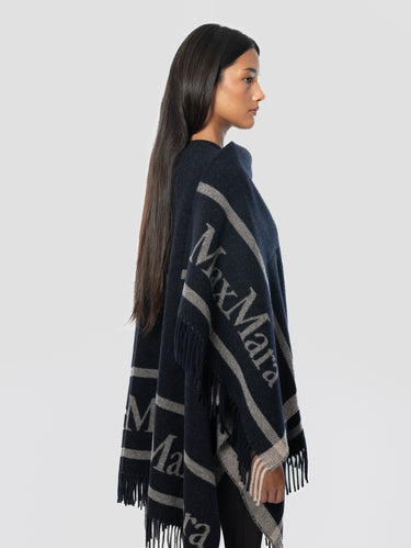 Poncho aus Wolle mit Fransen Hilde Marineblau