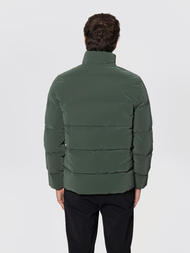 Military Green Mid-Length Down Jacket with Iridescent Effect