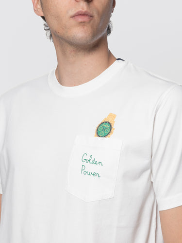 White T-shirt with chest pocket and Golden Power embroidered print