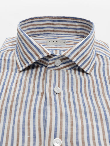 Camicia in Lino a Righe Sottili Blu/Marrone