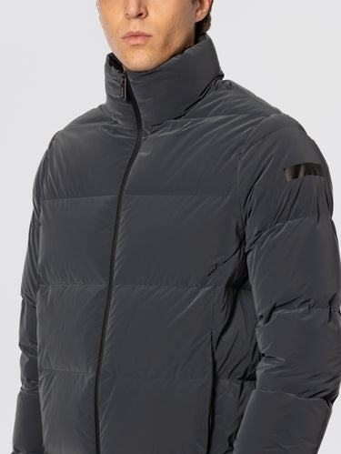 Grey Mid-Length Down Jacket with Iridescent Effect