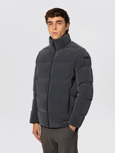 Grey Mid-Length Down Jacket with Iridescent Effect