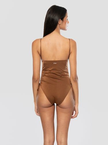 Maillot de bain une pièce avec détail en strass marron