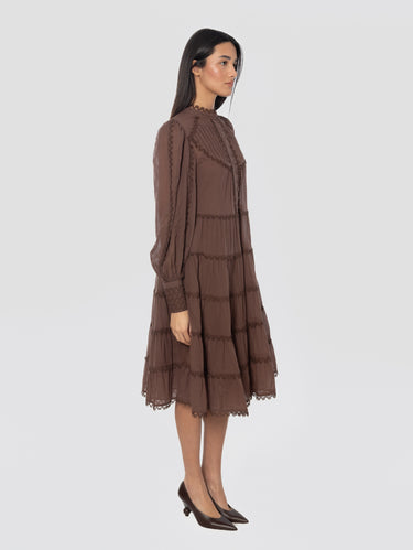 Robe à volants en mousseline de coton marron