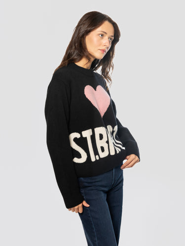 Maglione Oversize con Cuore e Scritta St. Barth Nero