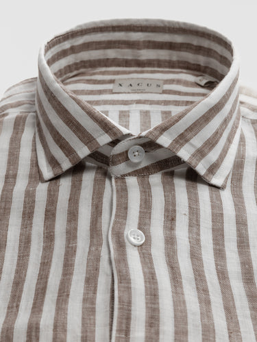 Camicia in Lino a Righe Medie Bianco/Marrone