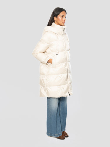 Midi-Steppjacke mit Kapuze in Vanillefarbe