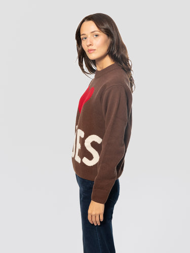 Maglione Oversize con Cuore e Scritta Shoes Marrone