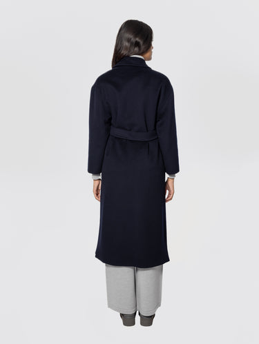 Lange Wol Jas met Verstopte Knop Blauw