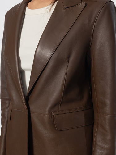 Single-Button Leather Blazer Brown