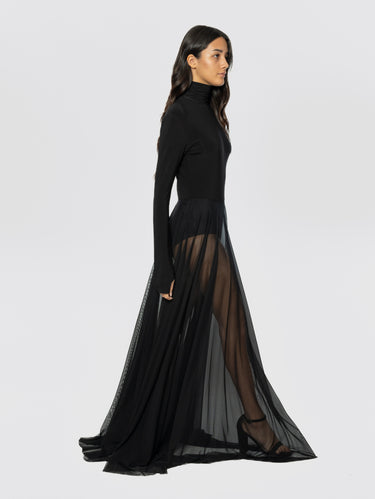 Langes Kleid mit Body und Rock aus Tüll Schwarz