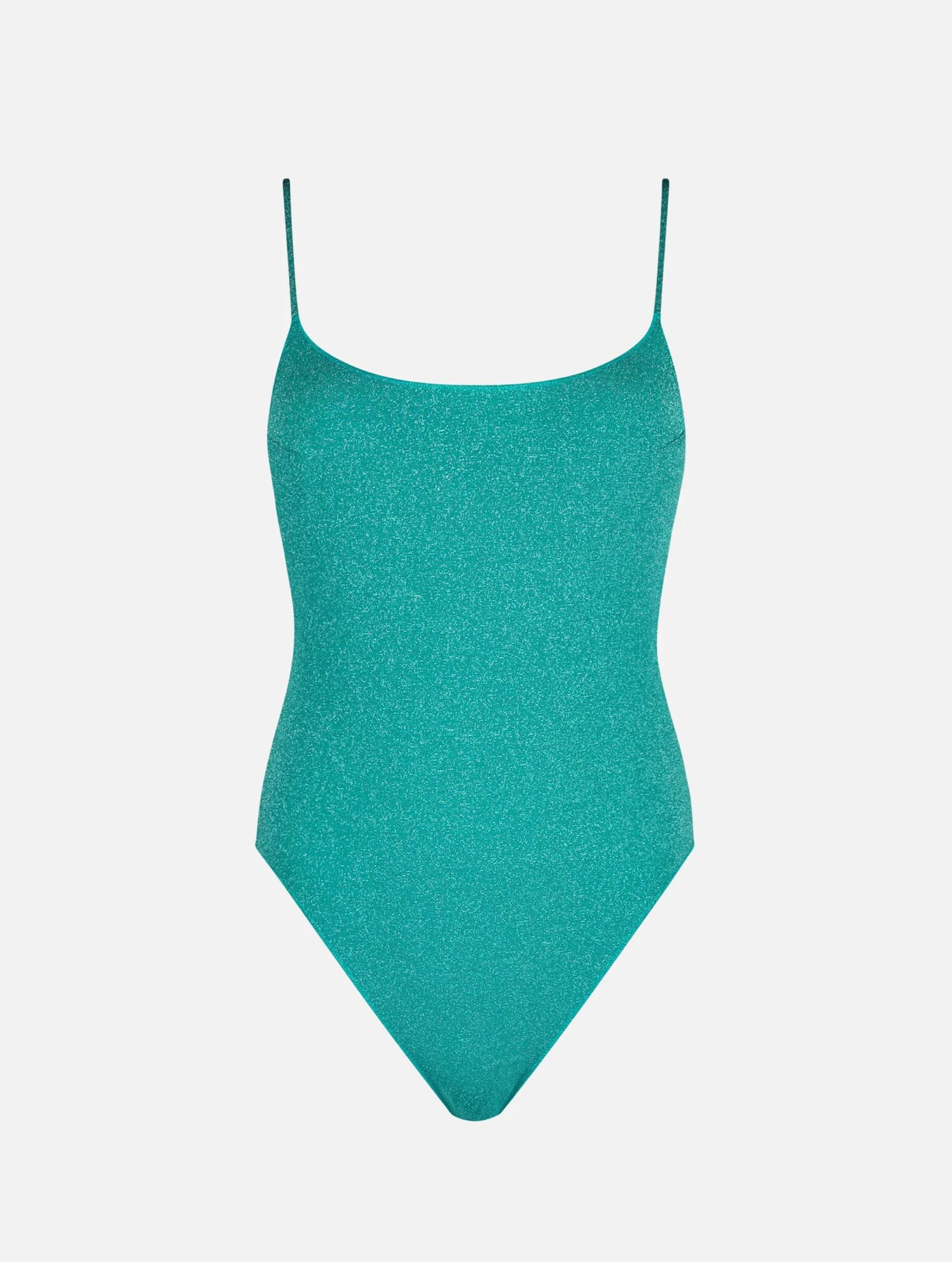 One-piece swimsuit with thin straps in green Lurex
