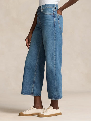 Jeans met hoge taille en wijde pijpen middelblauw denim