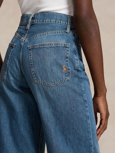 Jeans met hoge taille en wijde pijpen middelblauw denim