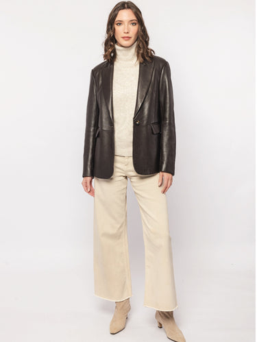 Blazer in Pelle con Chiusura ad un Bottone Marrone