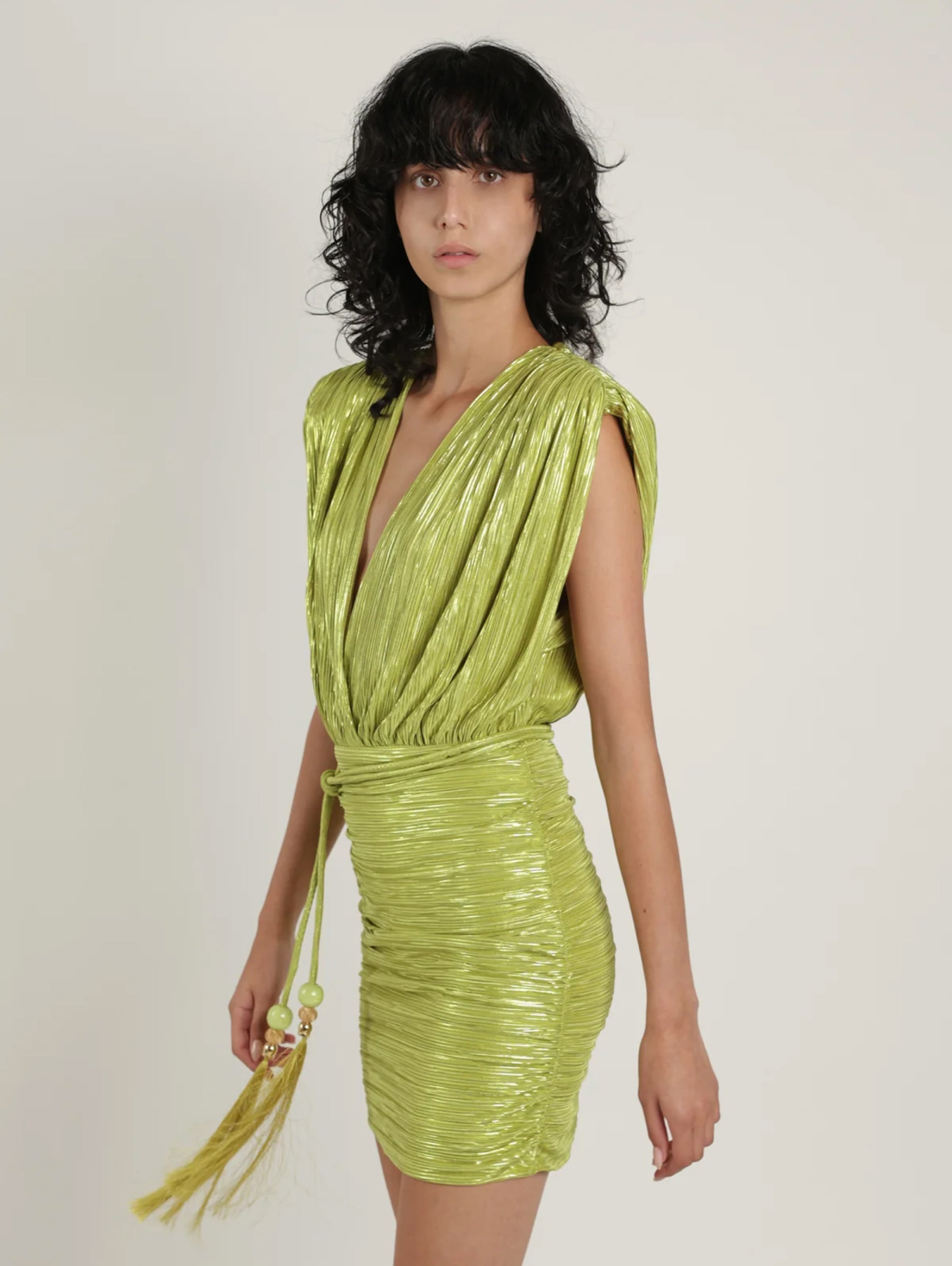Short pleated dress in Lime Green Lurex