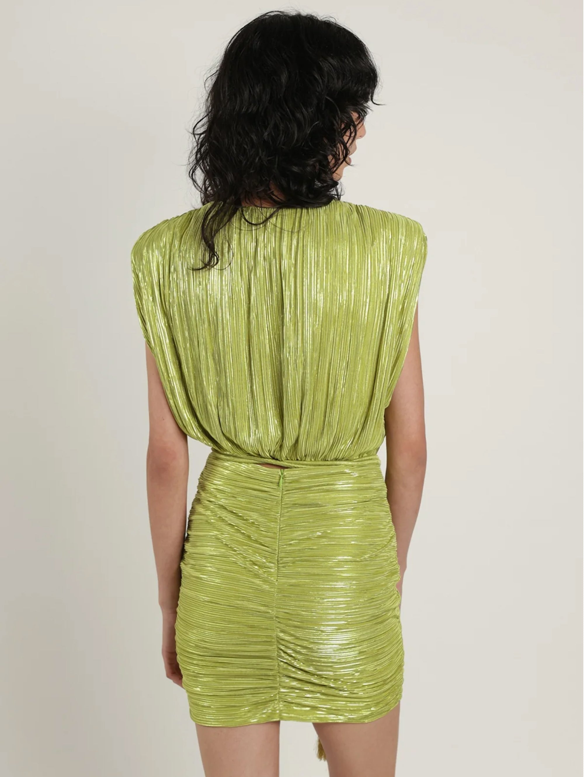Short pleated dress in Lime Green Lurex